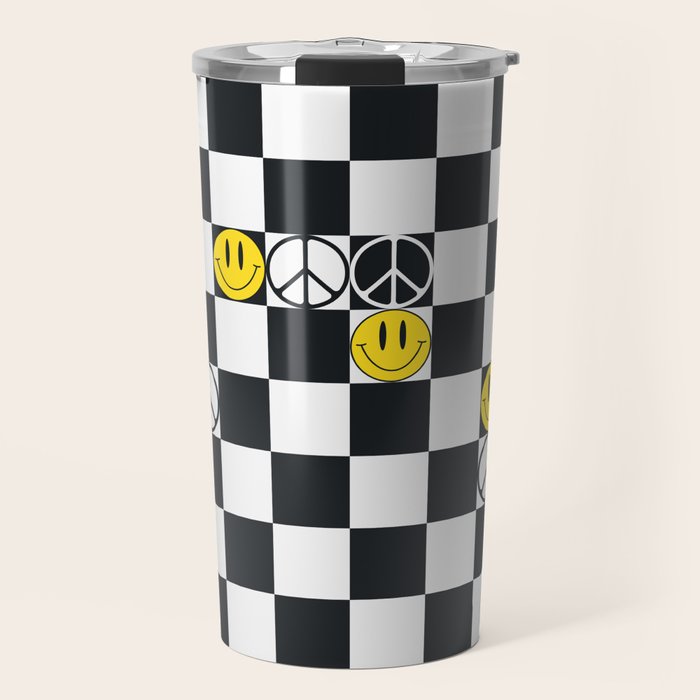 Checkered Smiley Face & Peace Sign Travel Mug Gallery Image 1