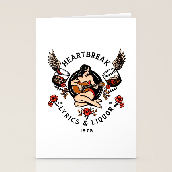 Heartbreak Lyrics & Liquor 1975. Cute Pinup Girl Playing Guitar: Full Color Version. Stationery Card Gallery Image 2