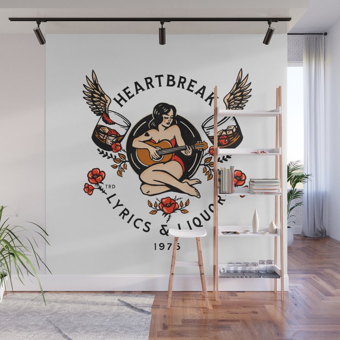 Heartbreak Lyrics & Liquor 1975. Cute Pinup Girl Playing Guitar: Full Color Version. Wall Mural Gallery Image 1