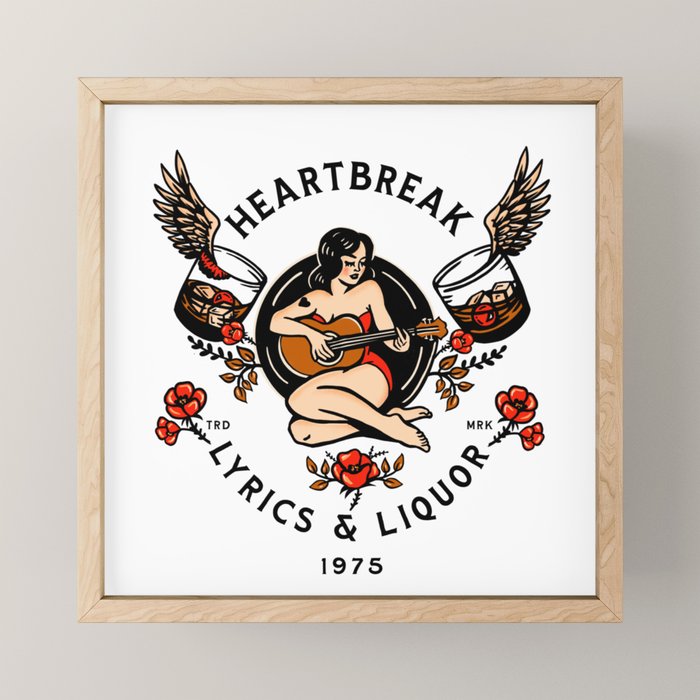 Heartbreak Lyrics & Liquor 1975. Cute Pinup Girl Playing Guitar: Full Color Version. Mini Art Print Gallery Image 1