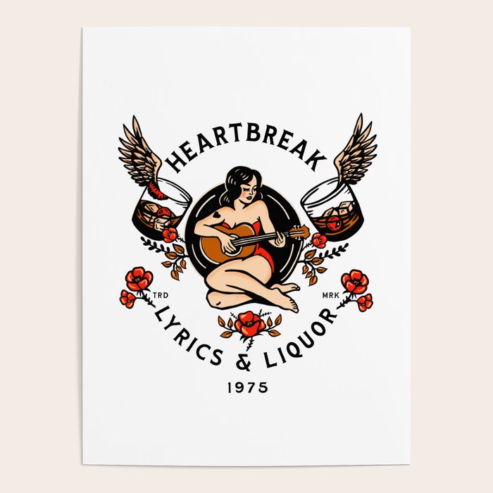 Heartbreak Lyrics & Liquor 1975. Cute Pinup Girl Playing Guitar: Full Color Version. Poster Gallery Image 4