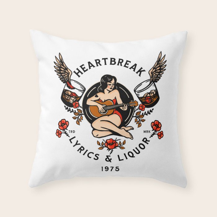 Heartbreak Lyrics & Liquor 1975. Cute Pinup Girl Playing Guitar: Full Color Version. Throw Pillow Gallery Image 1