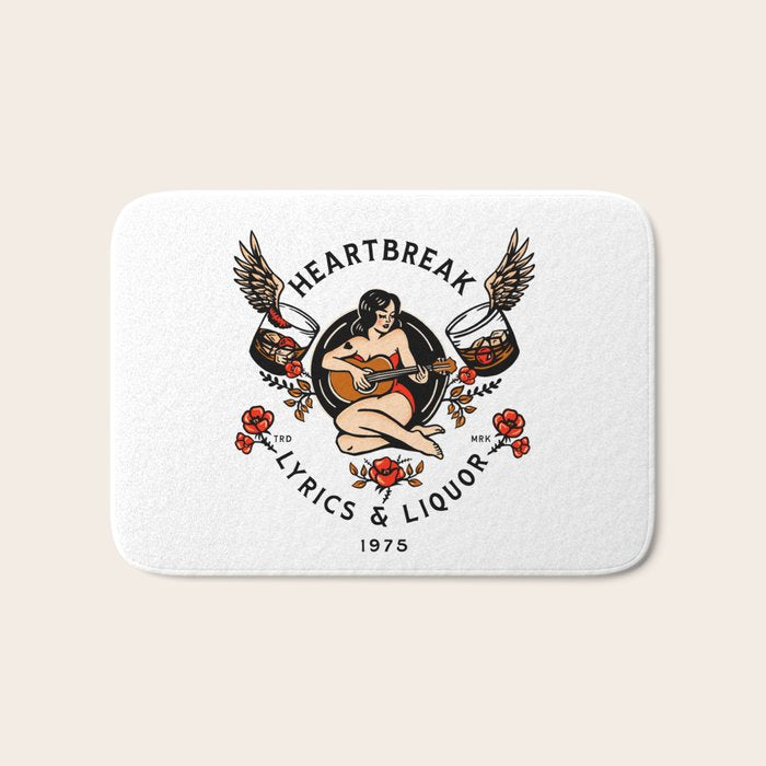 Heartbreak Lyrics & Liquor 1975. Cute Pinup Girl Playing Guitar: Full Color Version. Bath Mat Gallery Image 1