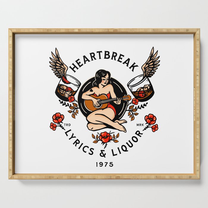 Heartbreak Lyrics & Liquor 1975. Cute Pinup Girl Playing Guitar: Full Color Version. Serving Tray Gallery Image 1