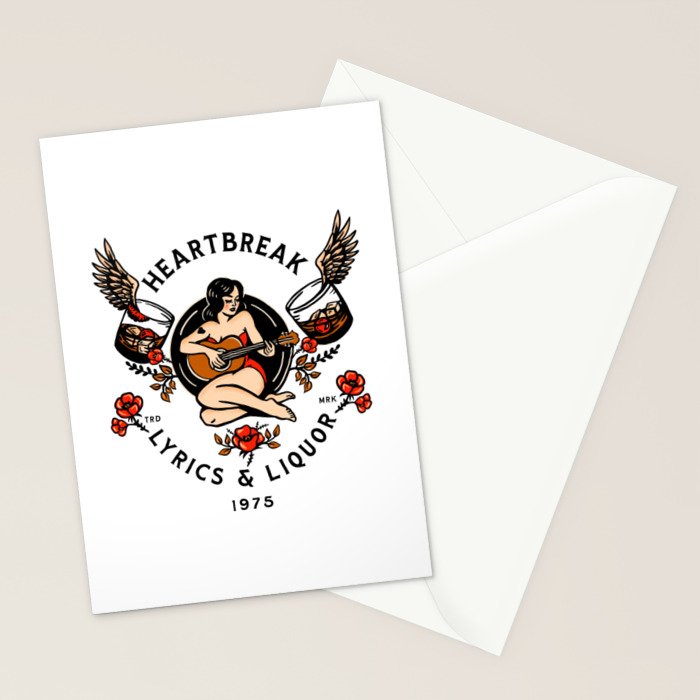 Heartbreak Lyrics & Liquor 1975. Cute Pinup Girl Playing Guitar: Full Color Version. Stationery Card Gallery Image 2
