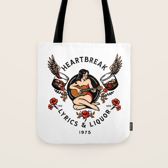 Heartbreak Lyrics & Liquor 1975. Cute Pinup Girl Playing Guitar: Full Color Version. Tote Bag Gallery Image 1