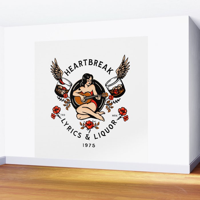 Heartbreak Lyrics & Liquor 1975. Cute Pinup Girl Playing Guitar: Full Color Version. Wall Mural Gallery Image 2