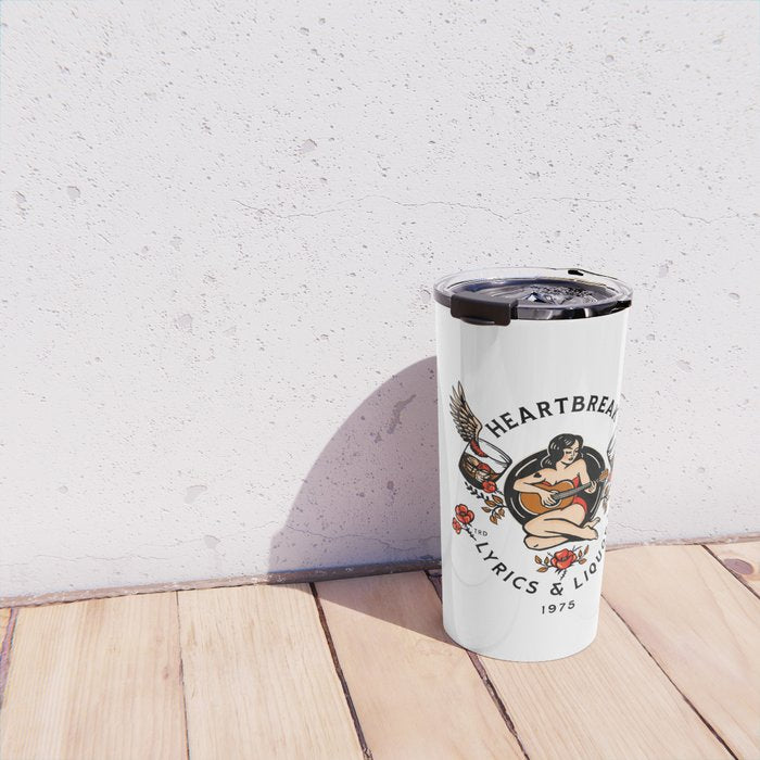 Heartbreak Lyrics & Liquor 1975. Cute Pinup Girl Playing Guitar: Full Color Version. Travel Mug Gallery Image 4