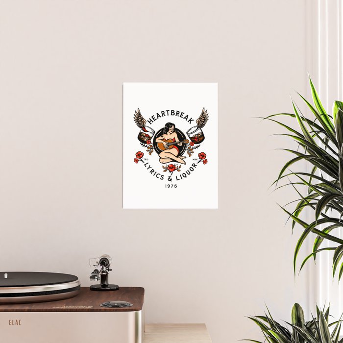Heartbreak Lyrics & Liquor 1975. Cute Pinup Girl Playing Guitar: Full Color Version. Poster Gallery Image 2