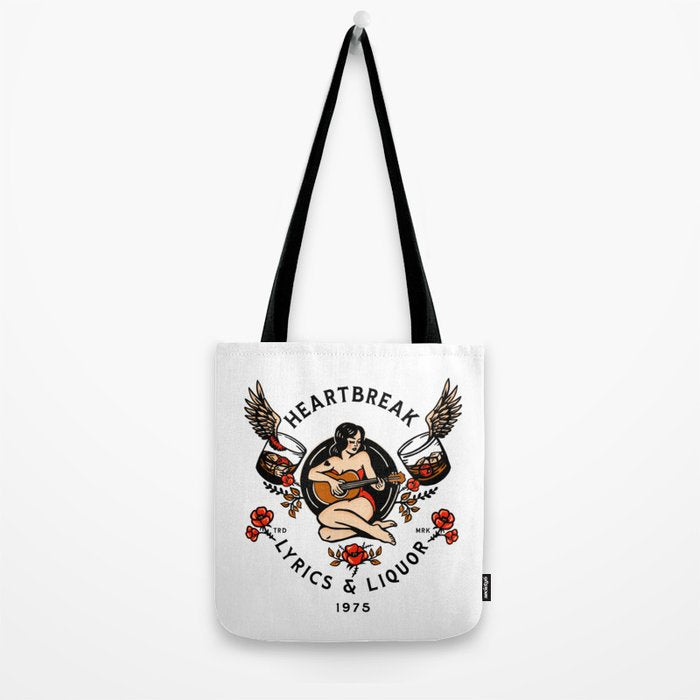 Heartbreak Lyrics & Liquor 1975. Cute Pinup Girl Playing Guitar: Full Color Version. Tote Bag Gallery Image 2