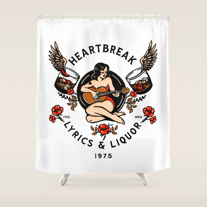 Heartbreak Lyrics & Liquor 1975. Cute Pinup Girl Playing Guitar: Full Color Version. Shower Curtain Gallery Image 1