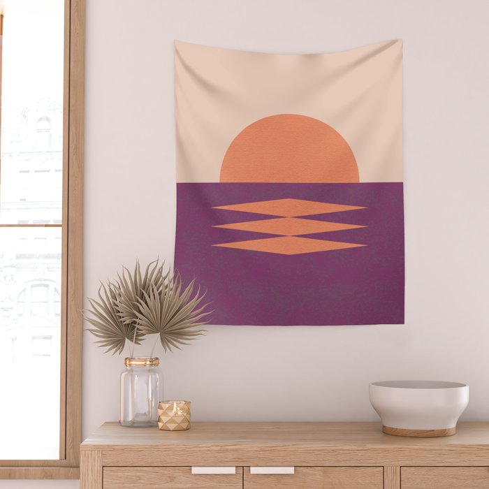Sunset Geometric Pink Midcentury style Wall Tapestry Gallery Image 2