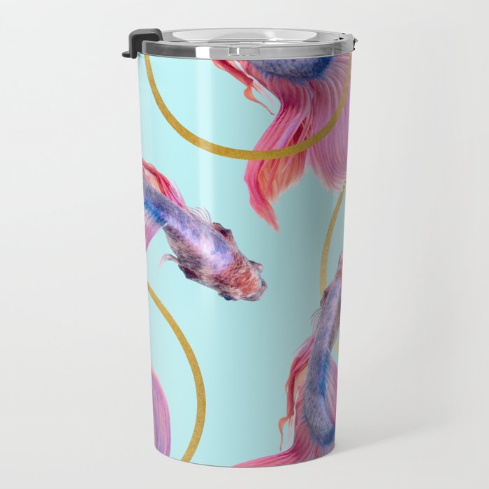 HullaHoops, Eclectic Colorful Fish Graphic Design, Animals Gold Rings Surrealism Quirky Travel Mug Gallery Image 3