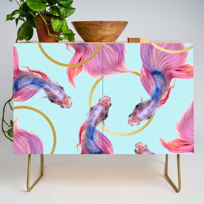 HullaHoops, Eclectic Colorful Fish Graphic Design, Animals Gold Rings Surrealism Quirky Credenza Gallery Image 1