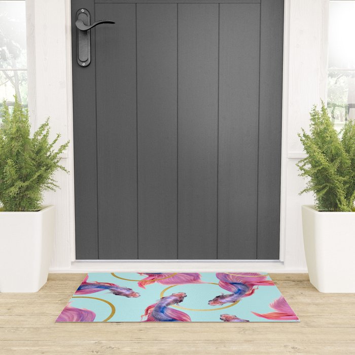 HullaHoops, Eclectic Colorful Fish Graphic Design, Animals Gold Rings Surrealism Quirky Welcome Mat Gallery Image 3