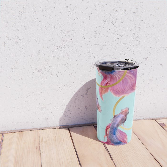 HullaHoops, Eclectic Colorful Fish Graphic Design, Animals Gold Rings Surrealism Quirky Travel Mug Gallery Image 4