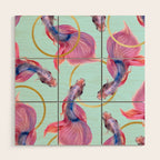 HullaHoops, Eclectic Colorful Fish Graphic Design, Animals Gold Rings Surrealism Quirky Wood Wall Art Gallery Image 1