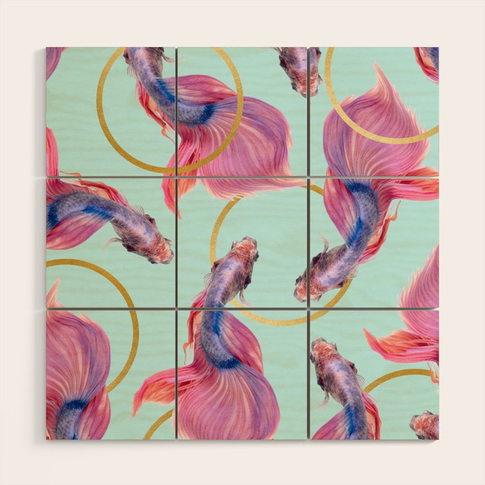 HullaHoops, Eclectic Colorful Fish Graphic Design, Animals Gold Rings Surrealism Quirky Wood Wall Art Gallery Image 1