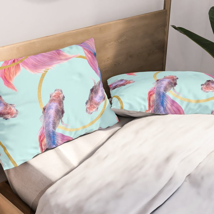 HullaHoops, Eclectic Colorful Fish Graphic Design, Animals Gold Rings Surrealism Quirky Pillow Sham Gallery Image 2