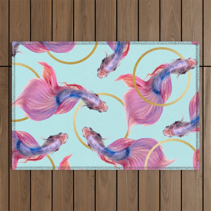 HullaHoops, Eclectic Colorful Fish Graphic Design, Animals Gold Rings Surrealism Quirky Outdoor Rug Gallery Image 1