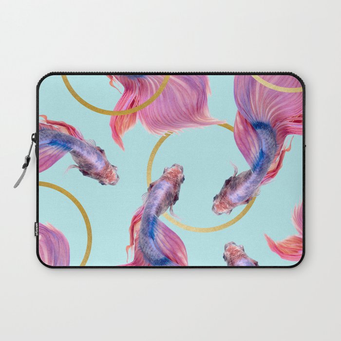 HullaHoops, Eclectic Colorful Fish Graphic Design, Animals Gold Rings Surrealism Quirky Laptop Sleeve Gallery Image 1