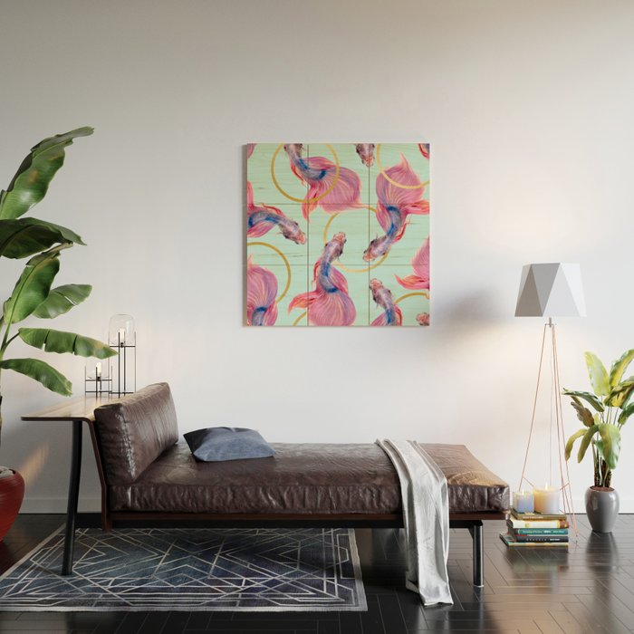 HullaHoops, Eclectic Colorful Fish Graphic Design, Animals Gold Rings Surrealism Quirky Wood Wall Art Gallery Image 2