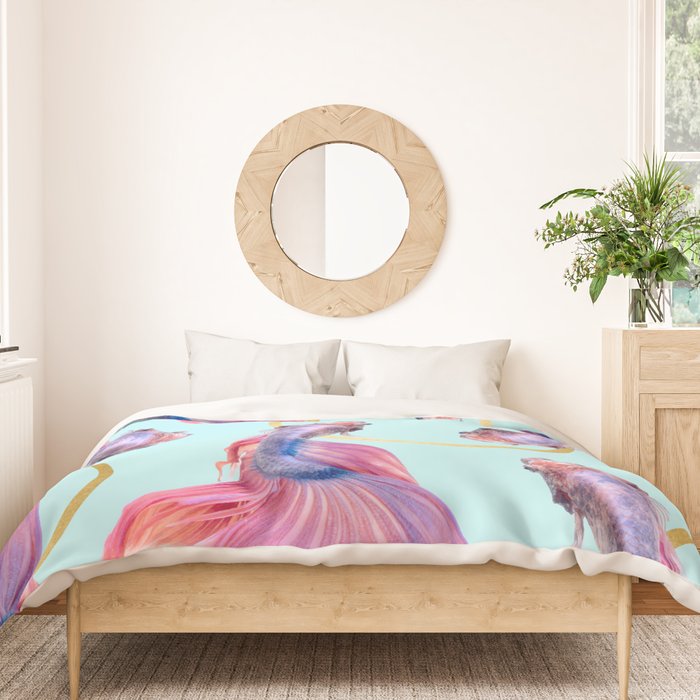 HullaHoops, Eclectic Colorful Fish Graphic Design, Animals Gold Rings Surrealism Quirky Duvet Cover Gallery Image 3