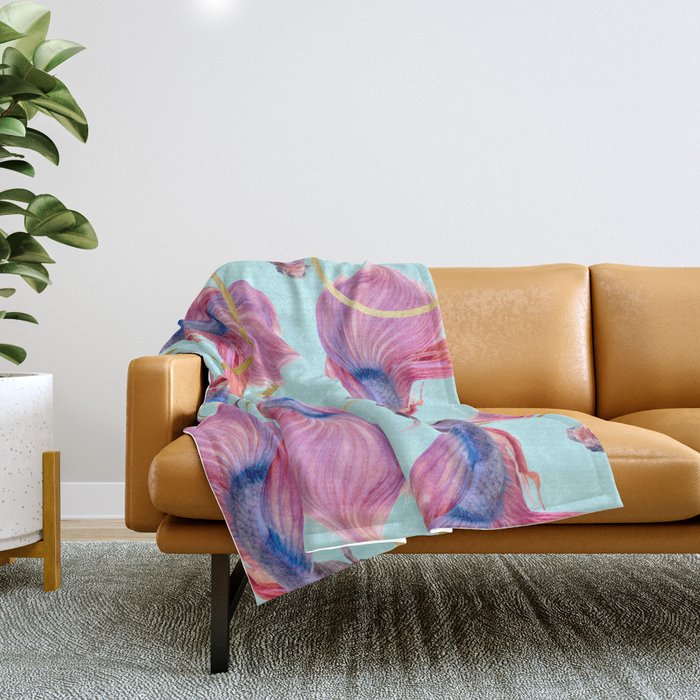 HullaHoops, Eclectic Colorful Fish Graphic Design, Animals Gold Rings Surrealism Quirky Throw Blanket Gallery Image 1