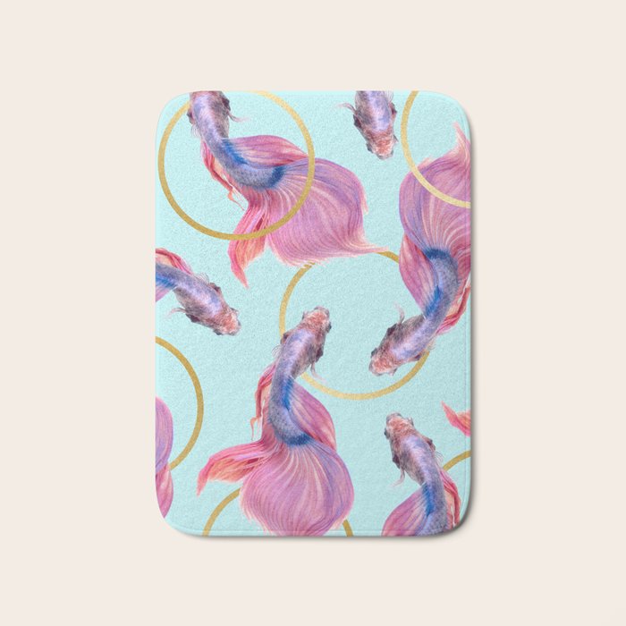 HullaHoops, Eclectic Colorful Fish Graphic Design, Animals Gold Rings Surrealism Quirky Bath Mat Gallery Image 1