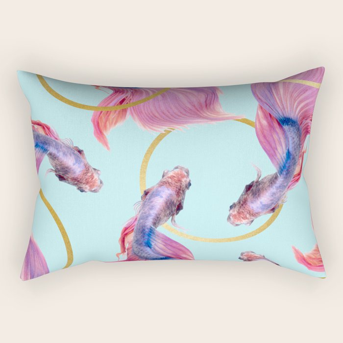 HullaHoops, Eclectic Colorful Fish Graphic Design, Animals Gold Rings Surrealism Quirky Rectangular Pillow Gallery Image 2