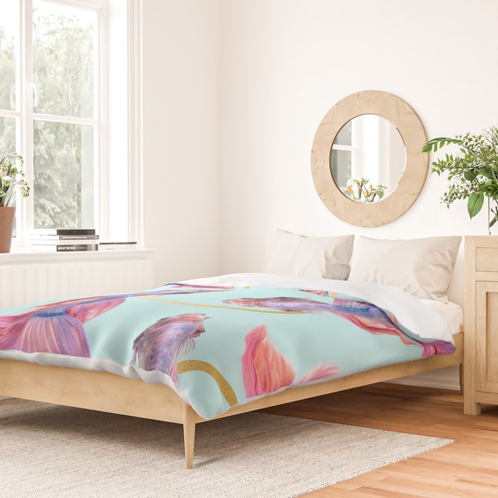 HullaHoops, Eclectic Colorful Fish Graphic Design, Animals Gold Rings Surrealism Quirky Duvet Cover Gallery Image 2