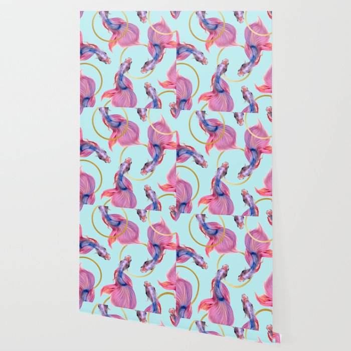 HullaHoops, Eclectic Colorful Fish Graphic Design, Animals Gold Rings Surrealism Quirky Wallpaper Gallery Image 2