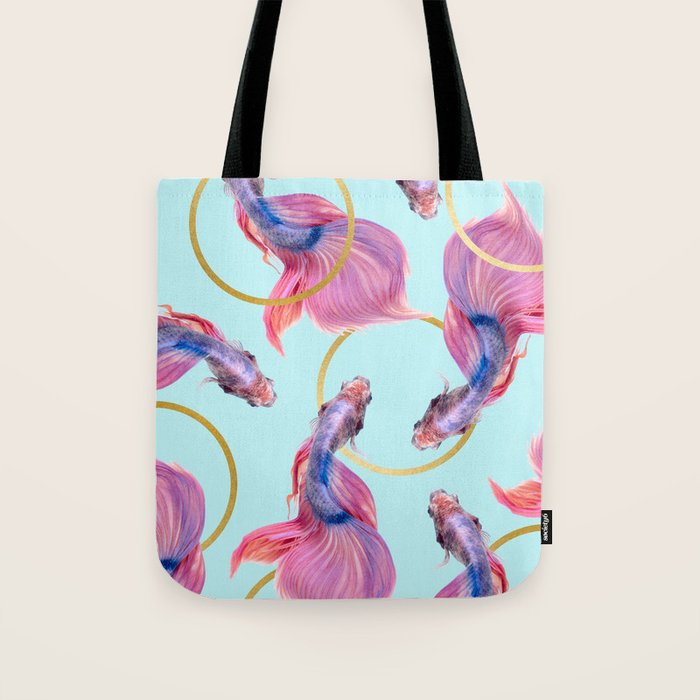 HullaHoops, Eclectic Colorful Fish Graphic Design, Animals Gold Rings Surrealism Quirky Tote Bag Gallery Image 1
