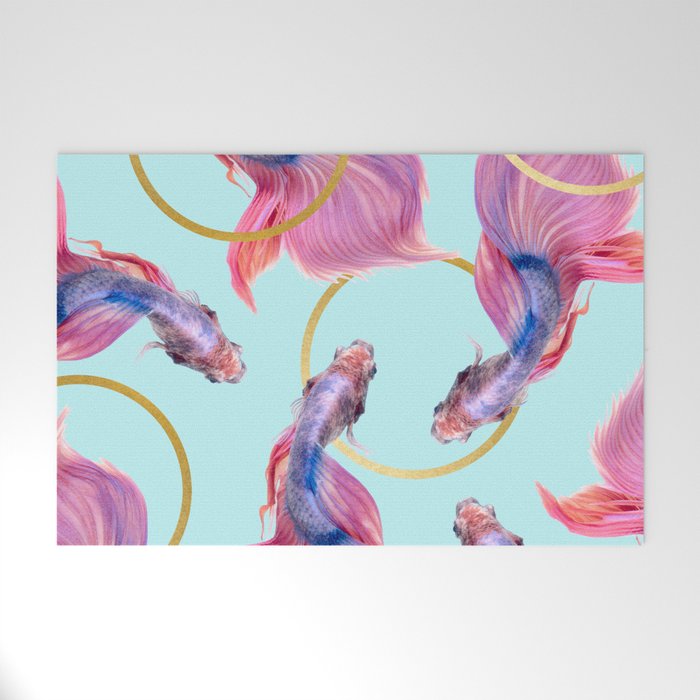 HullaHoops, Eclectic Colorful Fish Graphic Design, Animals Gold Rings Surrealism Quirky Welcome Mat Gallery Image 1