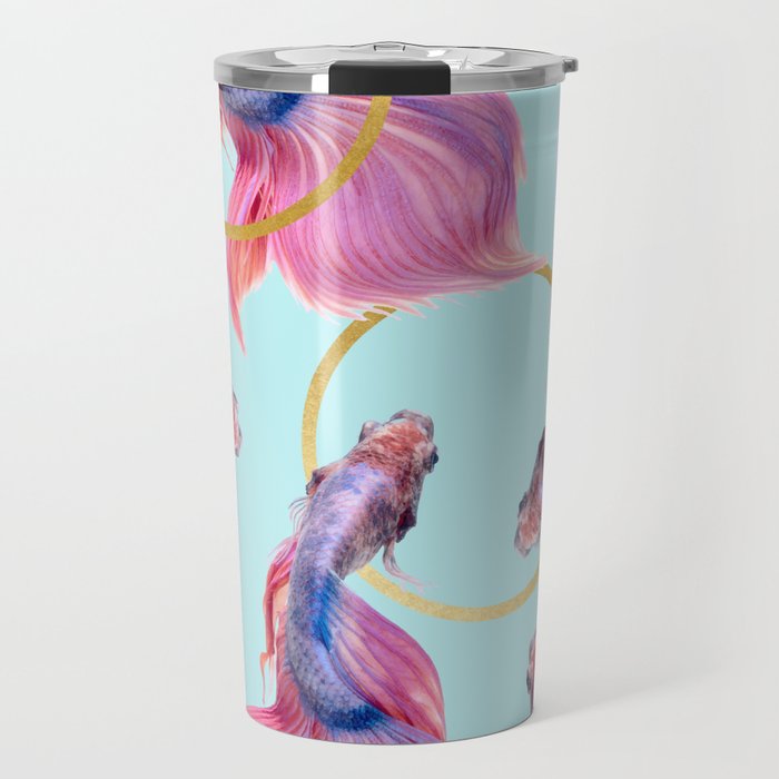 HullaHoops, Eclectic Colorful Fish Graphic Design, Animals Gold Rings Surrealism Quirky Travel Mug Gallery Image 1