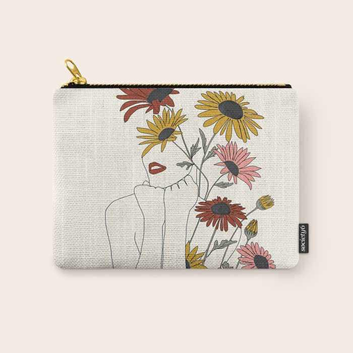 Colorful Thoughts Minimal Line Girl with Sunflowers Carry All Pouch Gallery Image 1