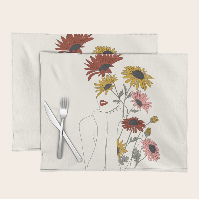 Colorful Thoughts Minimal Line Girl with Sunflowers Placemat Gallery Image 1
