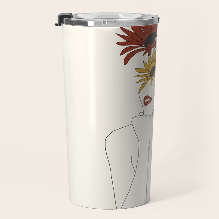 Colorful Thoughts Minimal Line Girl with Sunflowers Travel Mug Gallery Image 3