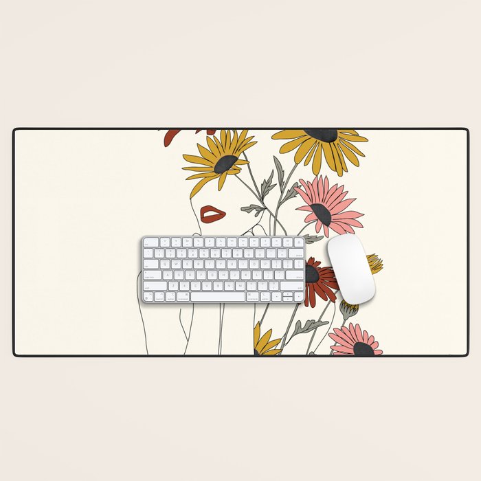 Colorful Thoughts Minimal Line Girl with Sunflowers Desk Mat Gallery Image 1