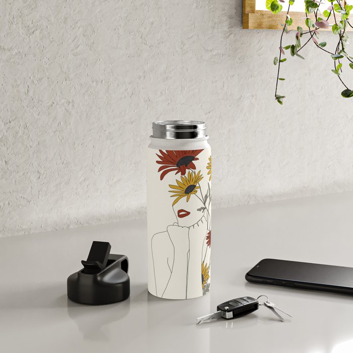 Colorful Thoughts Minimal Line Girl with Sunflowers Water Bottle Gallery Image 4