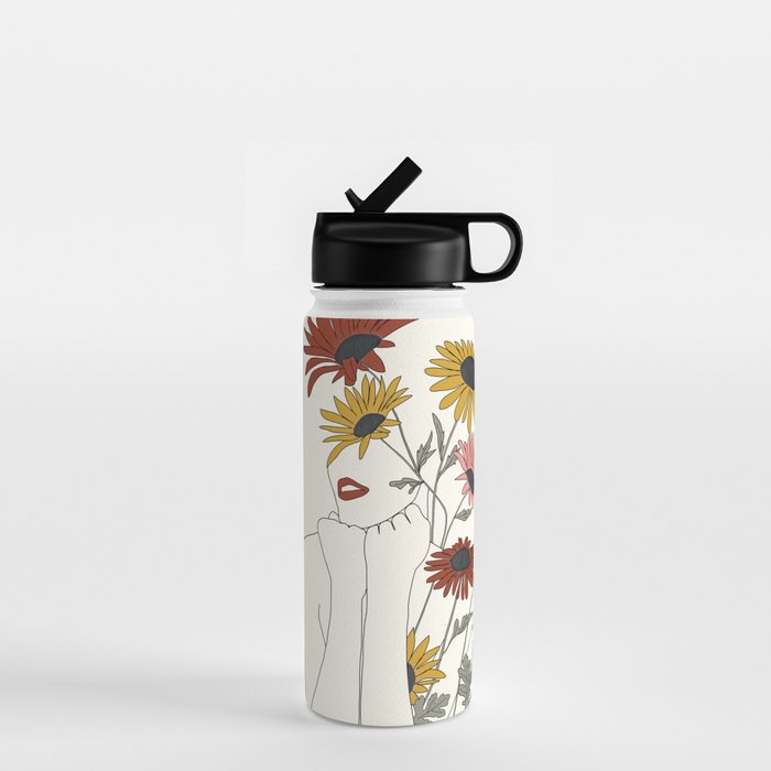 Colorful Thoughts Minimal Line Girl with Sunflowers Water Bottle Gallery Image 1