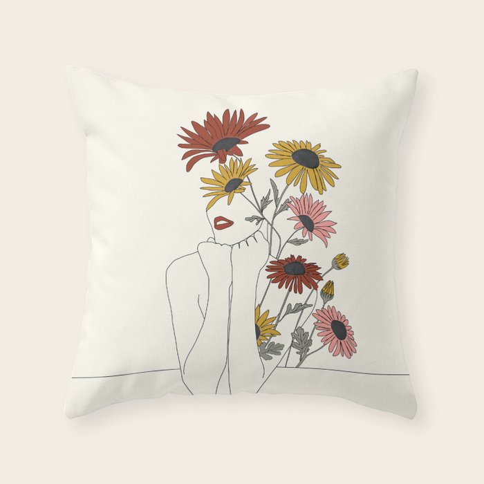 Colorful Thoughts Minimal Line Girl with Sunflowers Throw Pillow Gallery Image 6