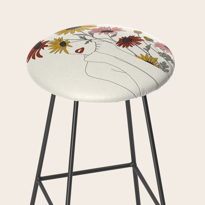 Colorful Thoughts Minimal Line Girl with Sunflowers Stool Gallery Image 2
