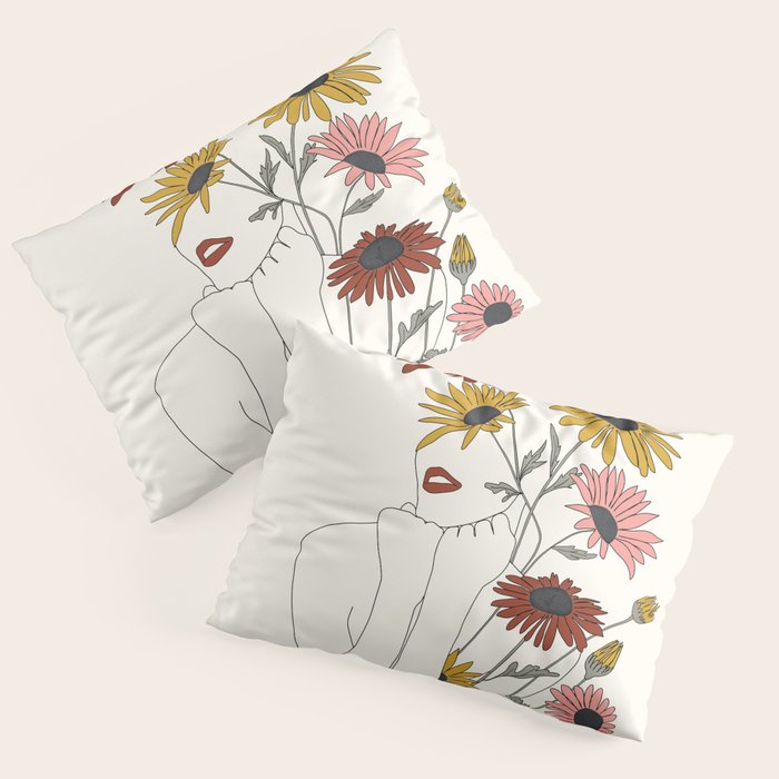 Colorful Thoughts Minimal Line Girl with Sunflowers Pillow Sham Gallery Image 3