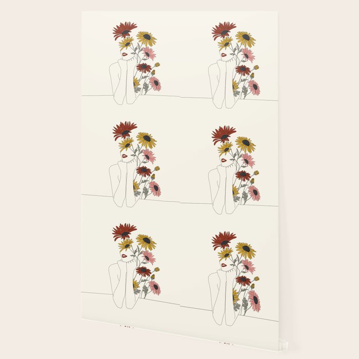 Colorful Thoughts Minimal Line Girl with Sunflowers Wallpaper Gallery Image 2