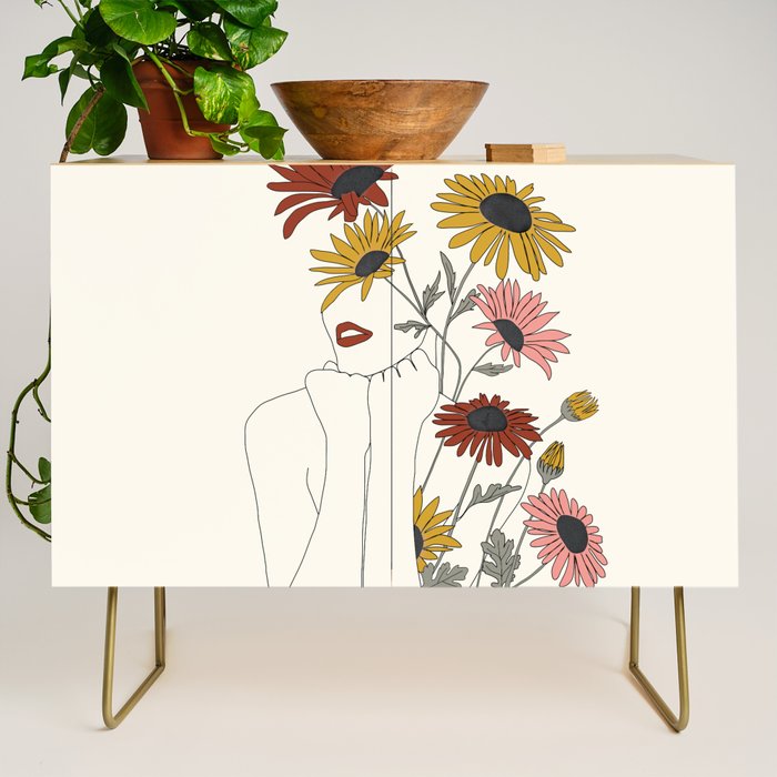 Colorful Thoughts Minimal Line Girl with Sunflowers Credenza Gallery Image 1