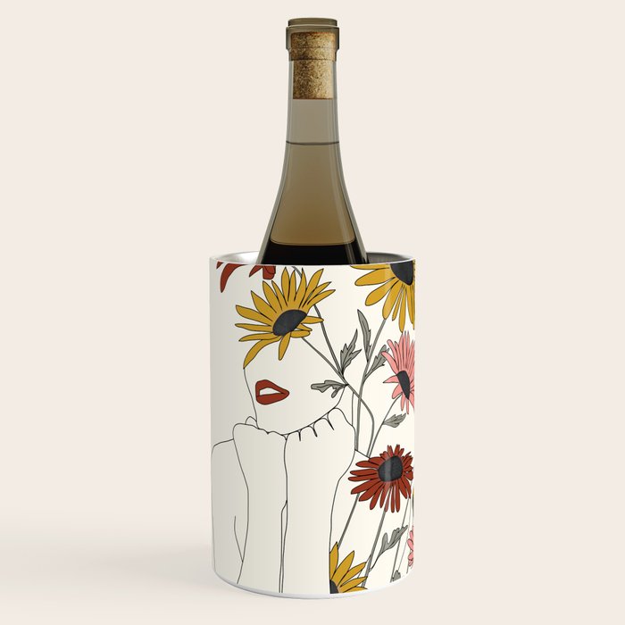 Colorful Thoughts Minimal Line Girl with Sunflowers Wine Chiller Gallery Image 1