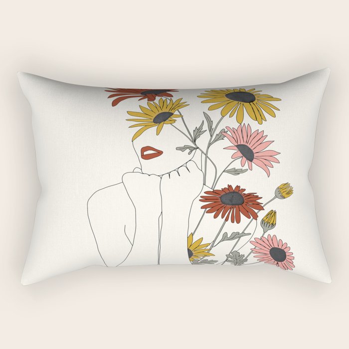 Colorful Thoughts Minimal Line Girl with Sunflowers Rectangular Pillow Gallery Image 2