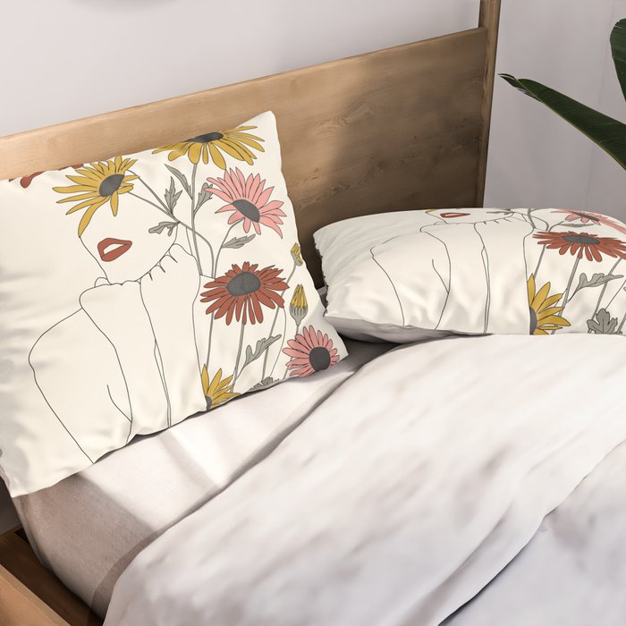 Colorful Thoughts Minimal Line Girl with Sunflowers Pillow Sham Gallery Image 2