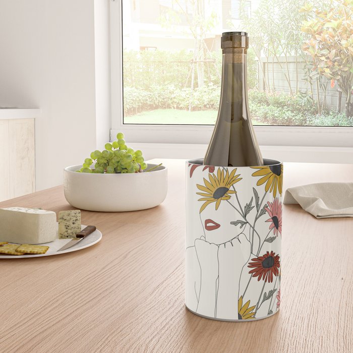 Colorful Thoughts Minimal Line Girl with Sunflowers Wine Chiller Gallery Image 4